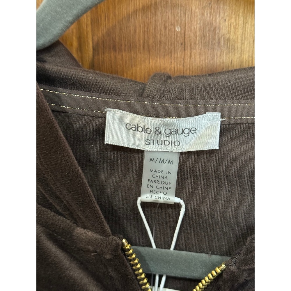 NWT Cable & Gauge Studio Brown Velour Ruched Zip Hoodie Rhinestone Accent Size M - Picture 4 of 8